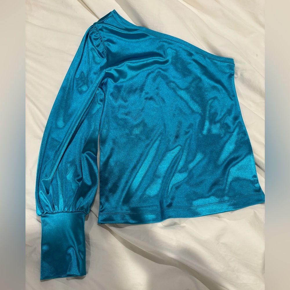 7 for All Mankind One-Shoulder Teal Blouse